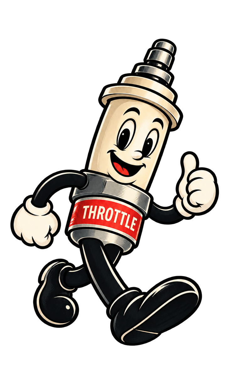 Throttle, Fiction Factory’s smiling spark-plug mascot, giving a thumbs-up